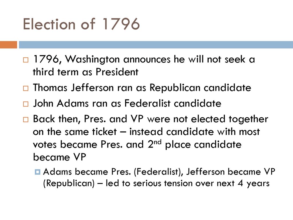 Election of , Washington announces he will not seek a third term as President. Thomas Jefferson ran as Republican candidate.
