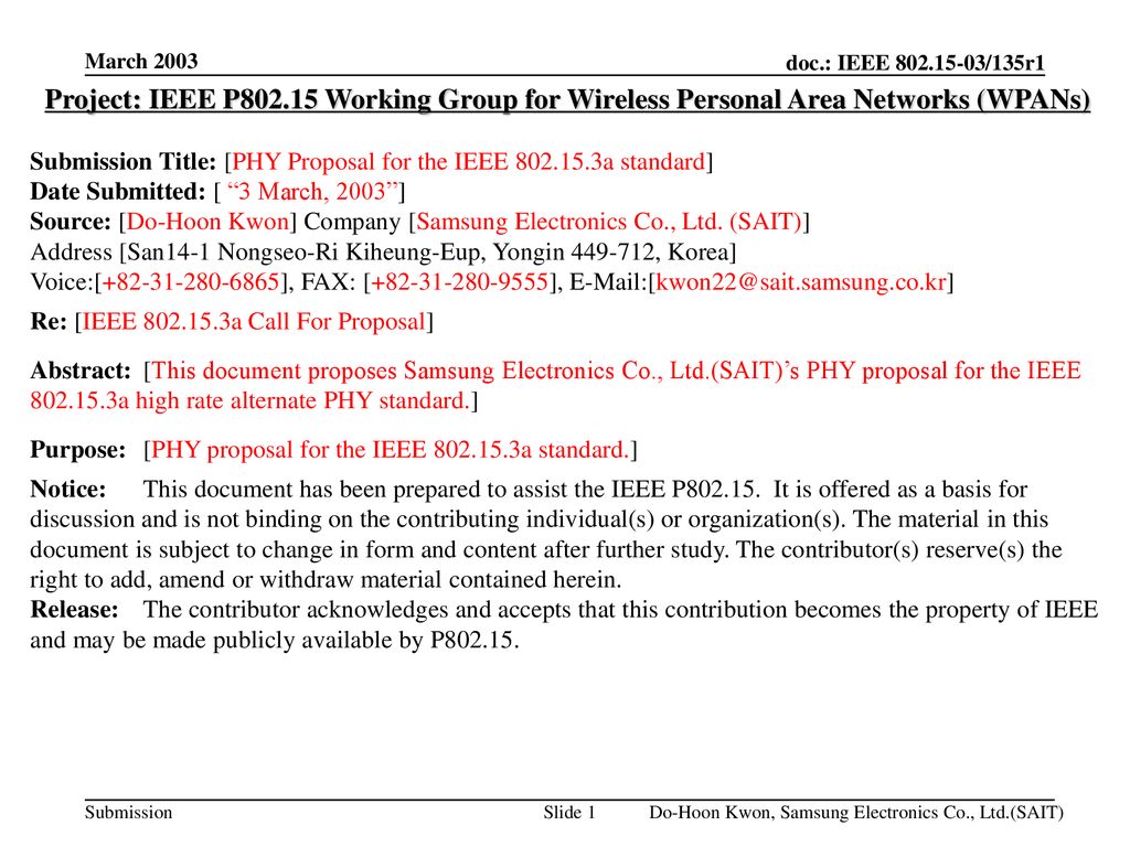 March 2003 Project: IEEE P Working Group for Wireless Personal Area Networks (WPANs)
