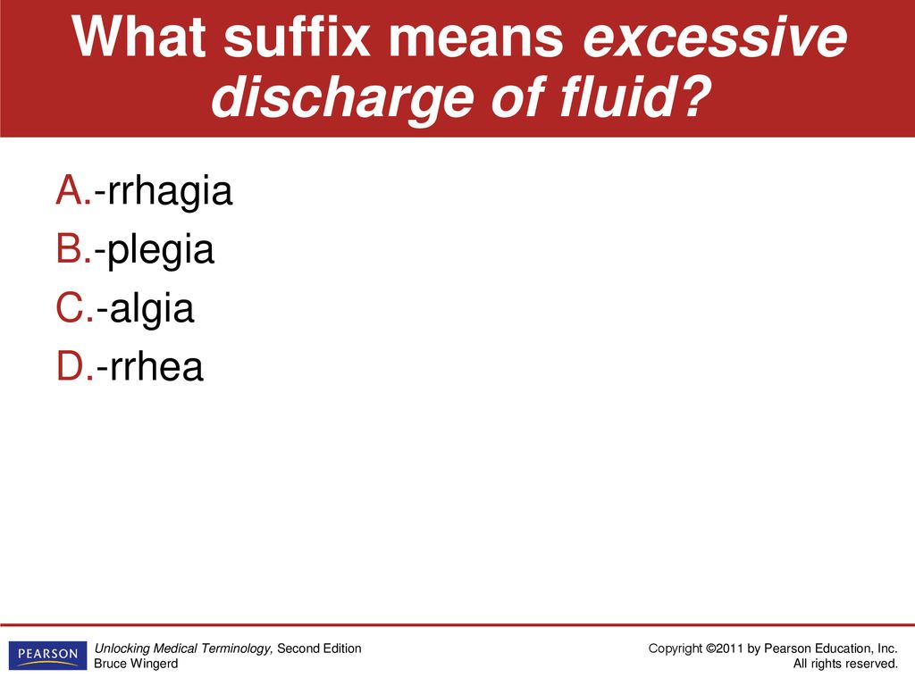 What suffix means excessive discharge of fluid