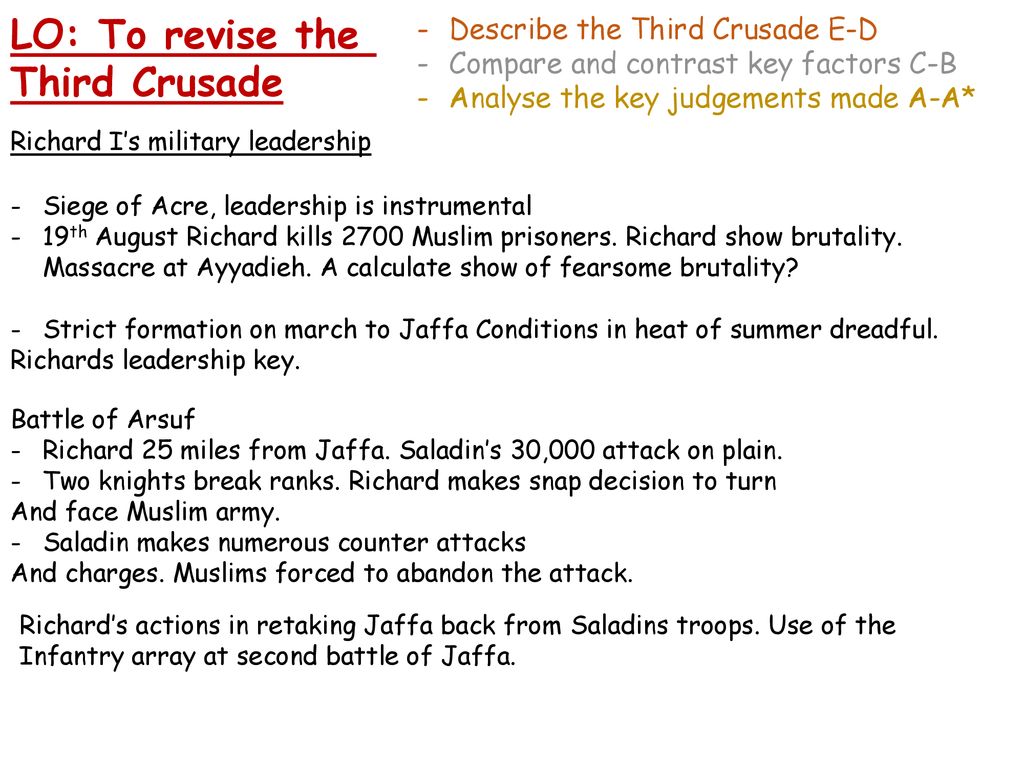 LO: To revise the Third Crusade Describe the Third Crusade E-D