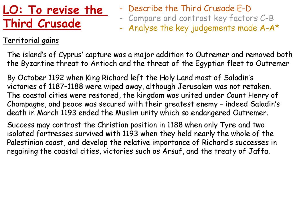 LO: To revise the Third Crusade Describe the Third Crusade E-D