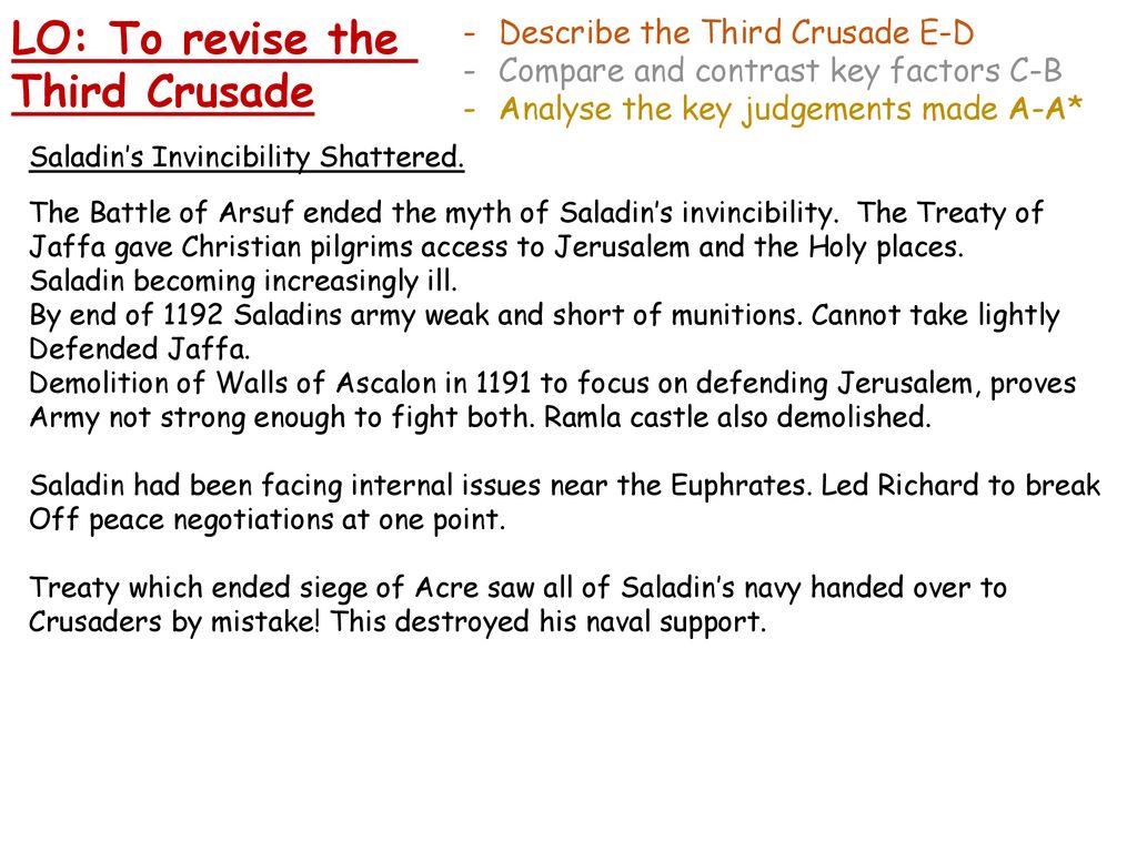 LO: To revise the Third Crusade Describe the Third Crusade E-D