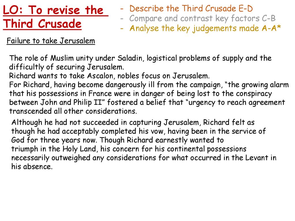 LO: To revise the Third Crusade Describe the Third Crusade E-D