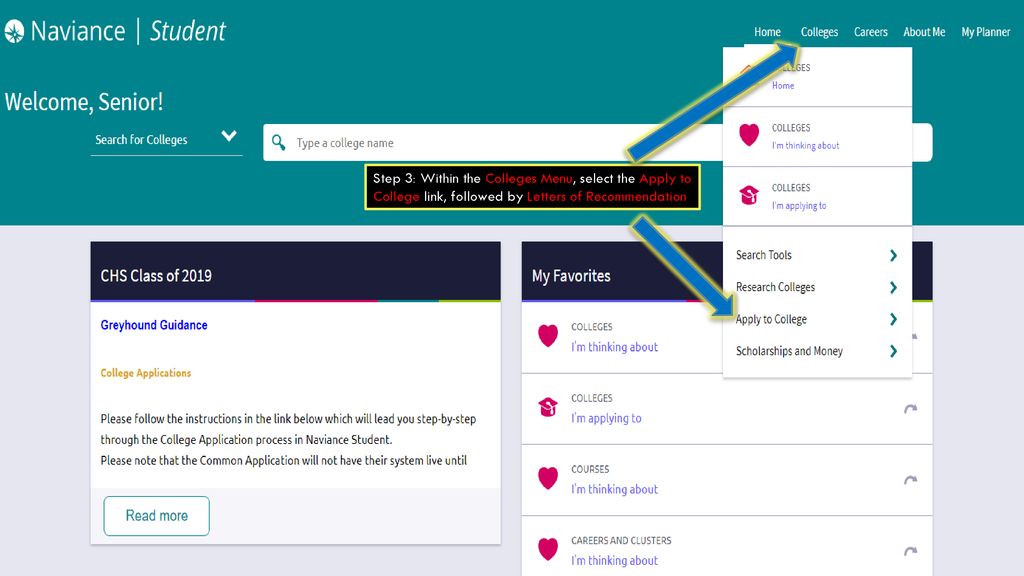 Step 3: Within the Colleges Menu, select the Apply to College link, followed by Letters of Recommendation