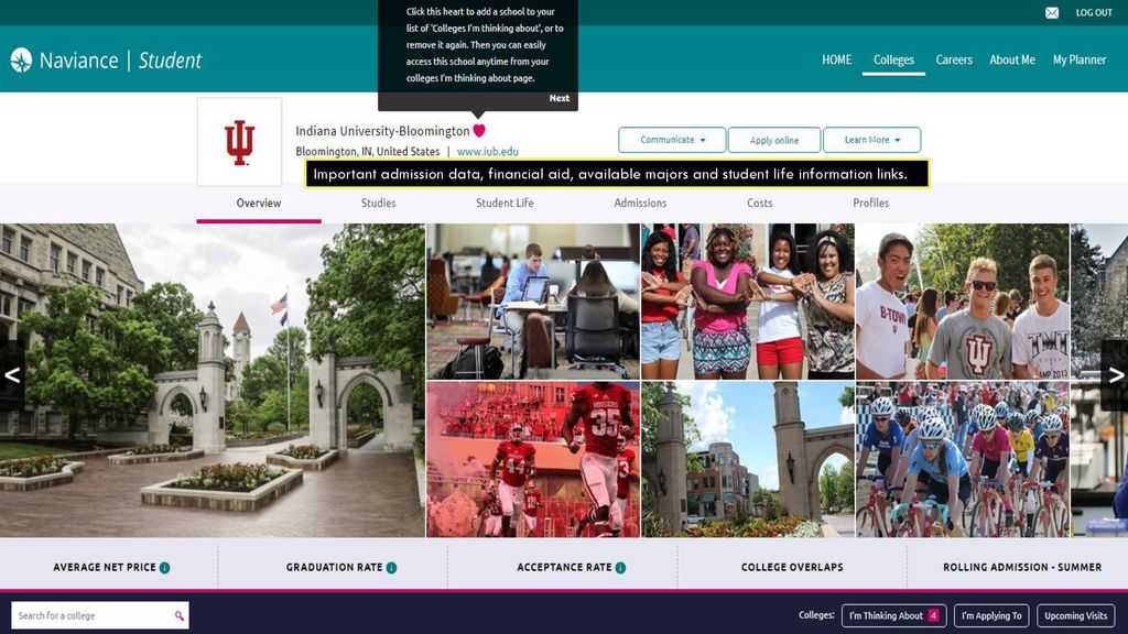 Important admission data, financial aid, available majors and student life information links.