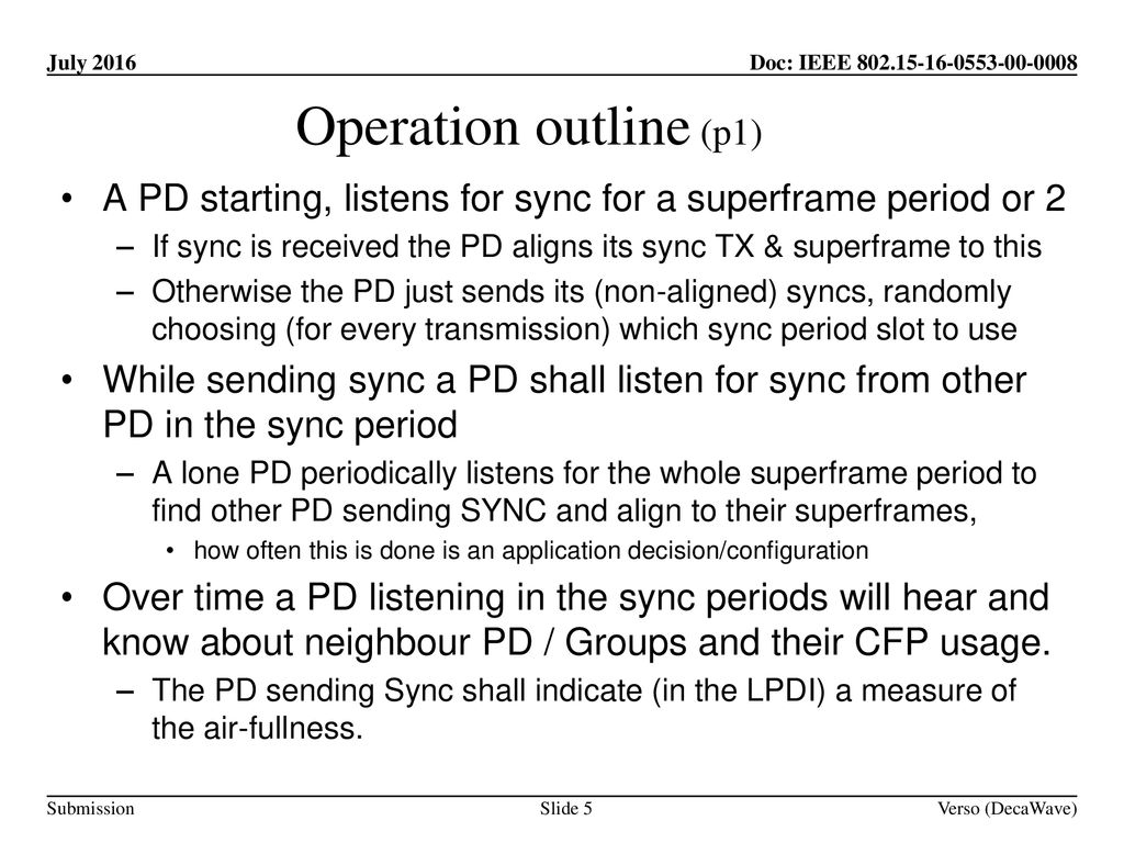 Operation outline (p1) A PD starting, listens for sync for a superframe period or 2.