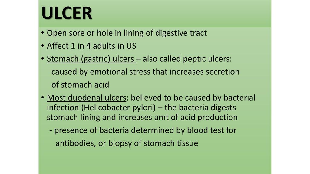 ULCER Open sore or hole in lining of digestive tract