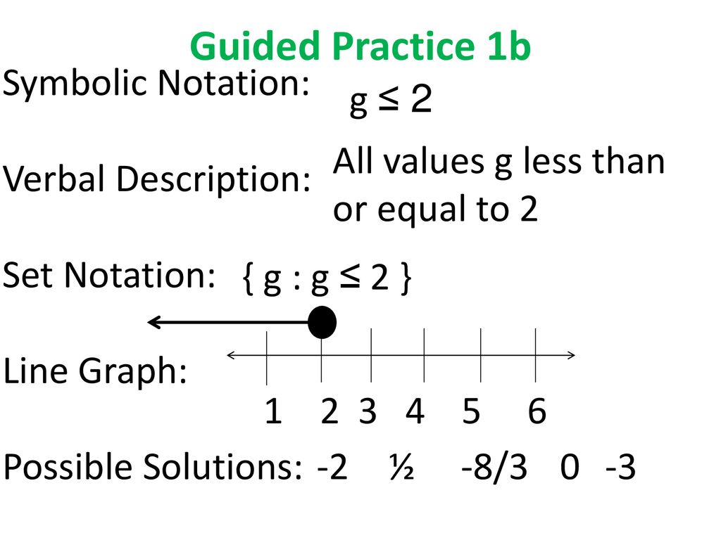 Guided Practice 1b Symbolic Notation: Verbal Description: Set Notation: Line Graph: Possible Solutions: