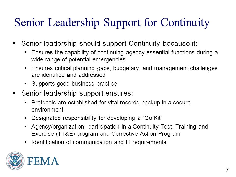 Senior Leadership Support for Continuity