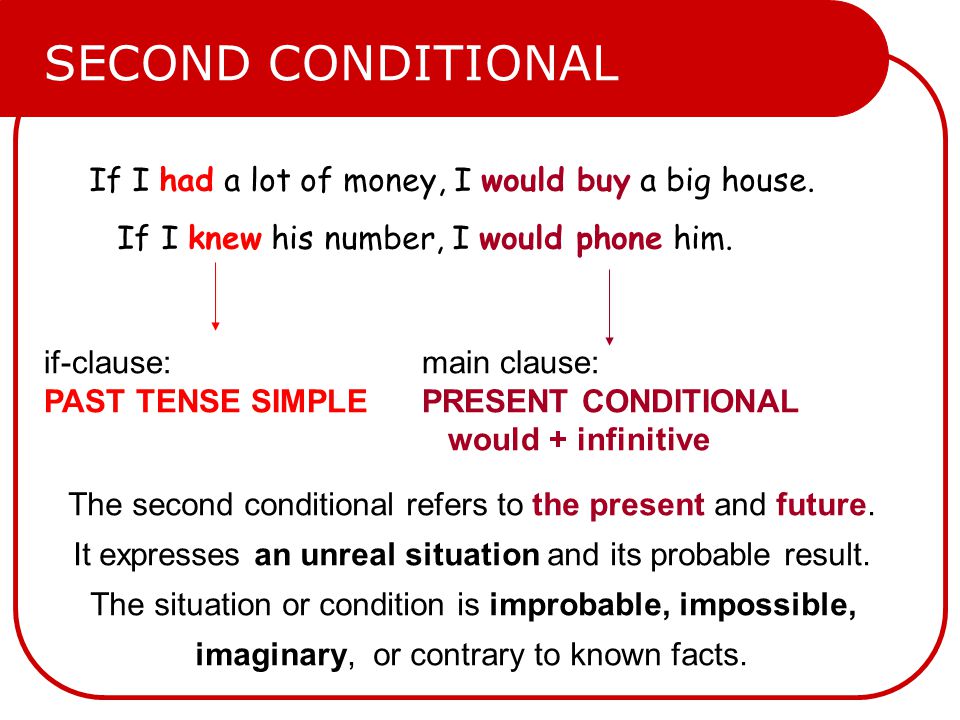 SECOND CONDITIONAL If I had a lot of money, I would buy a big house.