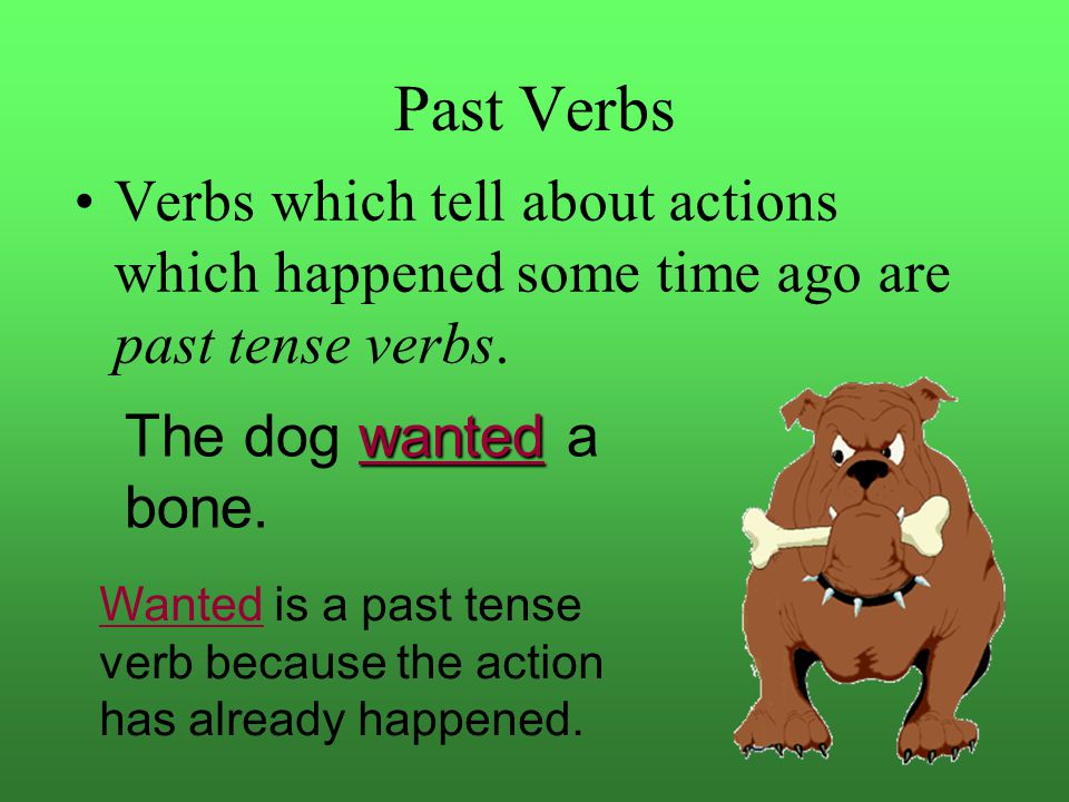 Past Verbs Verbs which tell about actions which happened some time ago are past tense verbs. The dog wanted a bone.