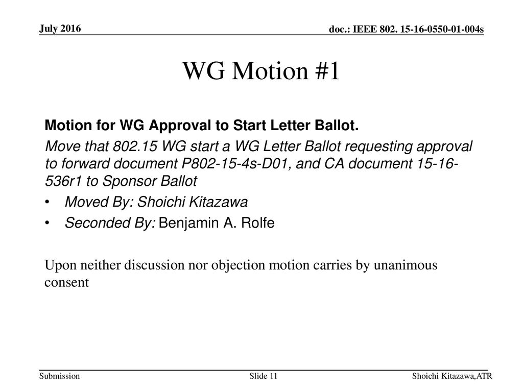 WG Motion #1 Motion for WG Approval to Start Letter Ballot.