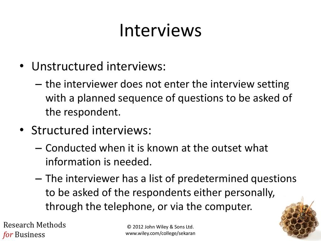 Interviews Unstructured interviews: Structured interviews: