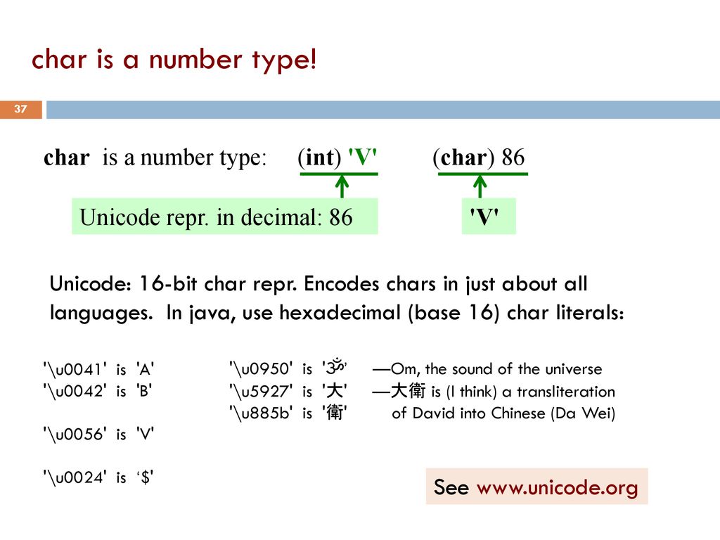 char is a number type! char is a number type: (int) V (char) 86