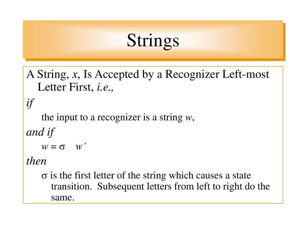 Strings A String, x, Is Accepted by a Recognizer Left-most Letter First, i.e., if. the input to a recognizer is a string w,