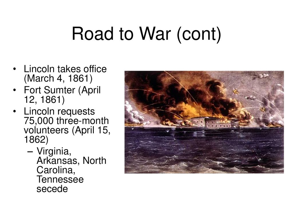 Road to War (cont) Lincoln takes office (March 4, 1861)