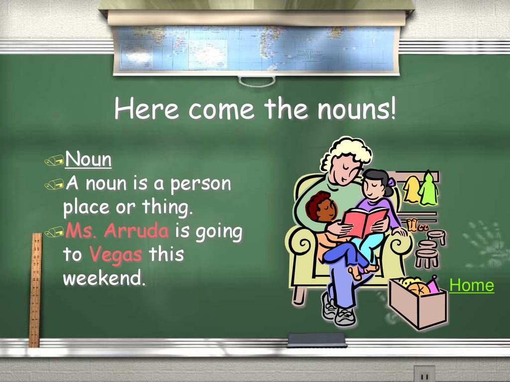 Here come the nouns! Noun A noun is a person place or thing.