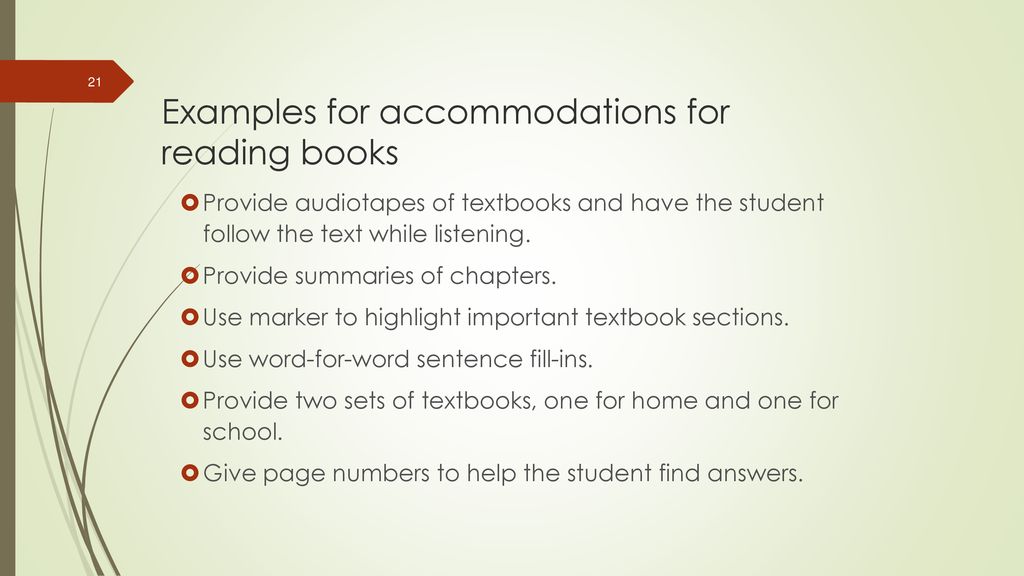 Examples for accommodations for reading books