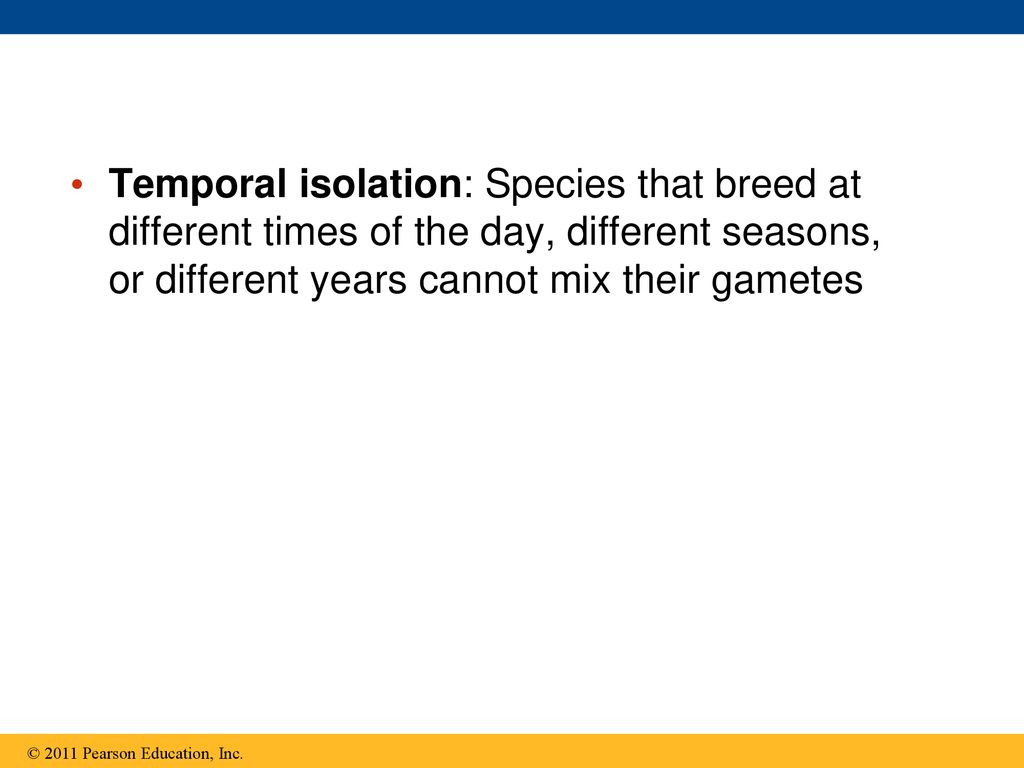 Temporal isolation: Species that breed at different times of the day, different seasons, or different years cannot mix their gametes