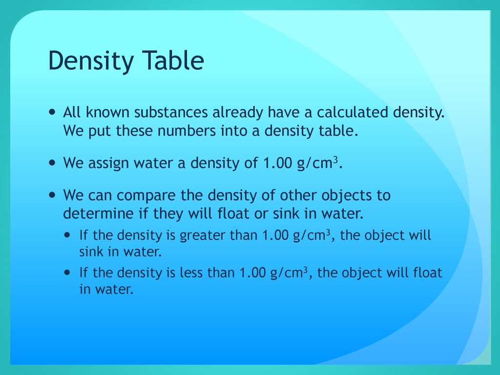 Density Table All known substances already have a calculated density. We put these numbers into a density table.