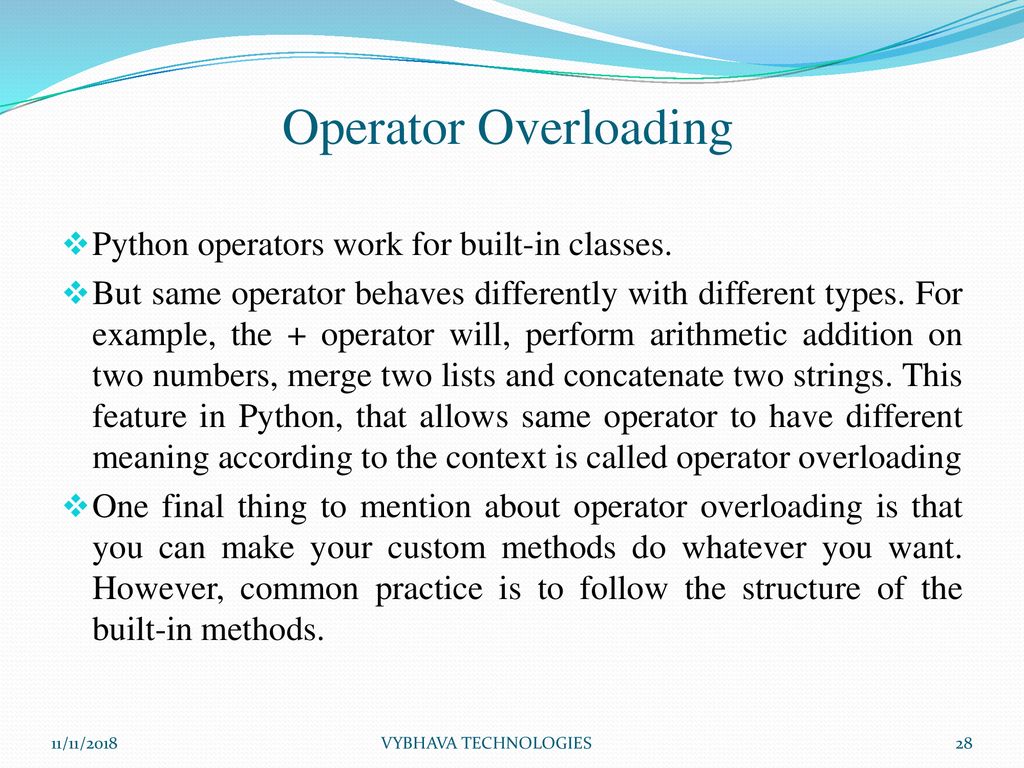 Operator Overloading Python operators work for built-in classes.