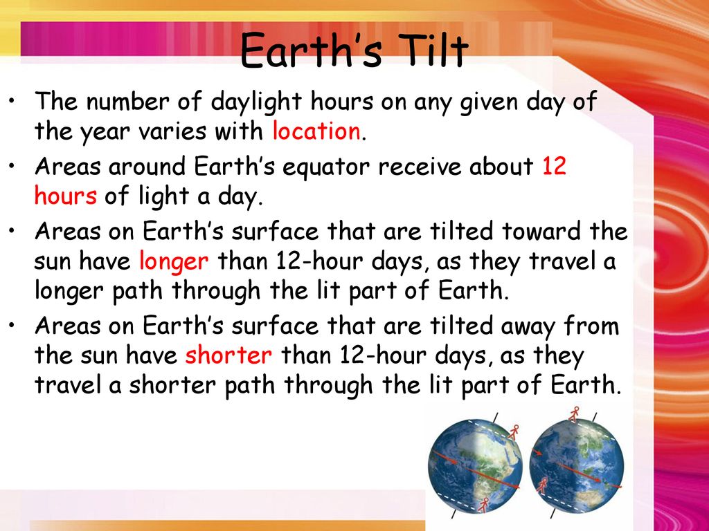 Earth’s Tilt The number of daylight hours on any given day of the year varies with location.