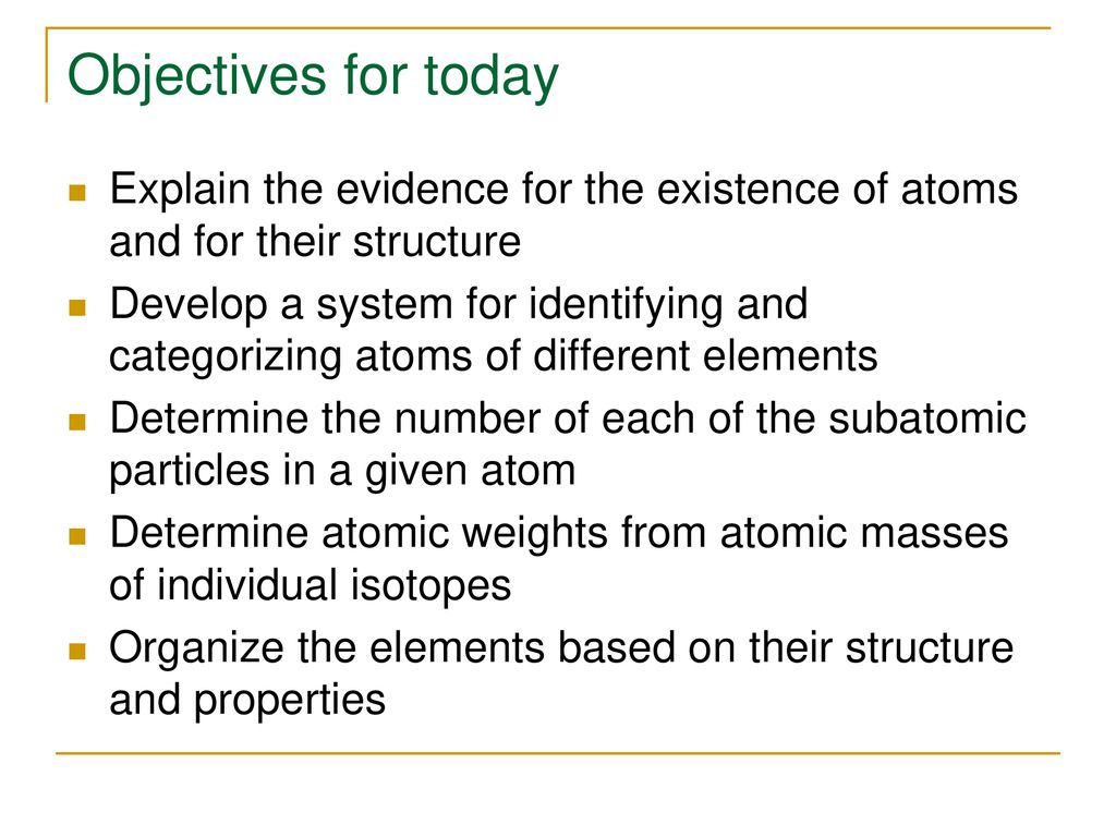 Objectives for today Explain the evidence for the existence of atoms and for their structure.