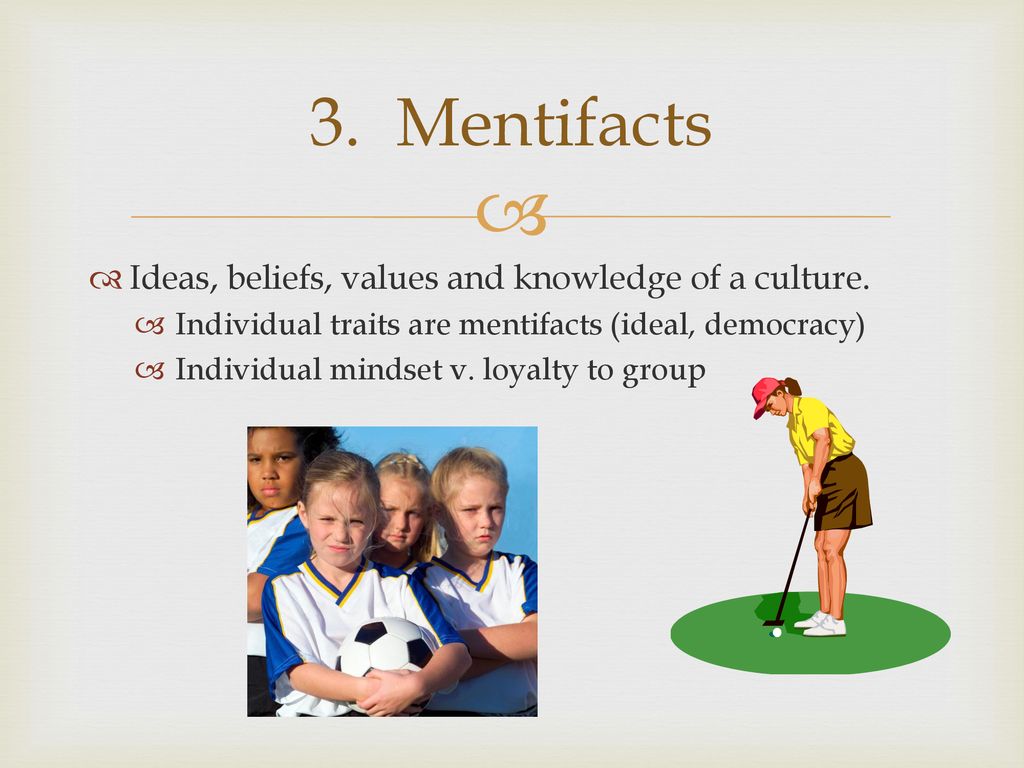 3. Mentifacts Ideas, beliefs, values and knowledge of a culture.