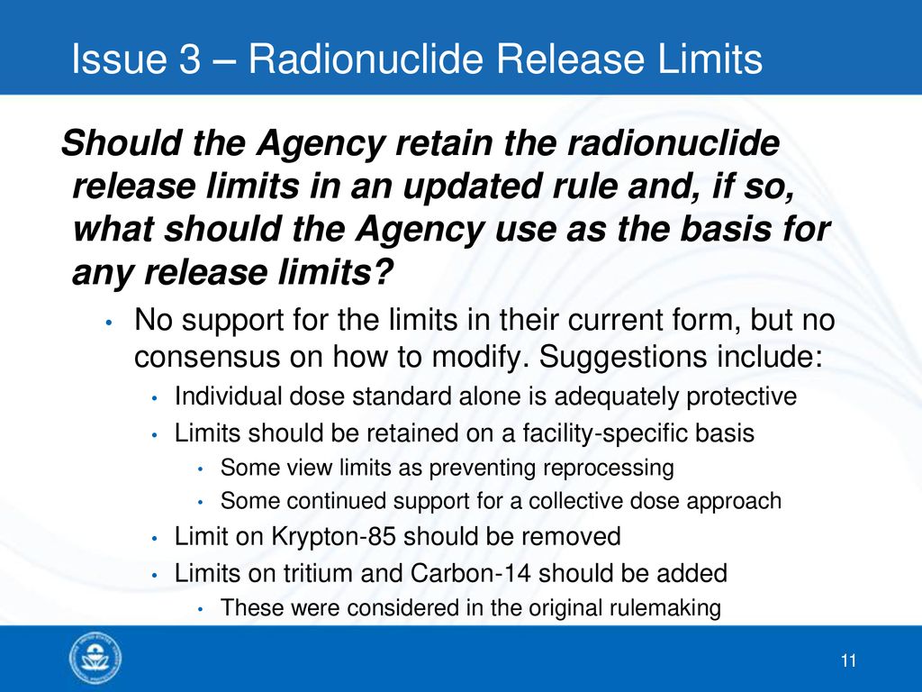 Issue 3 – Radionuclide Release Limits