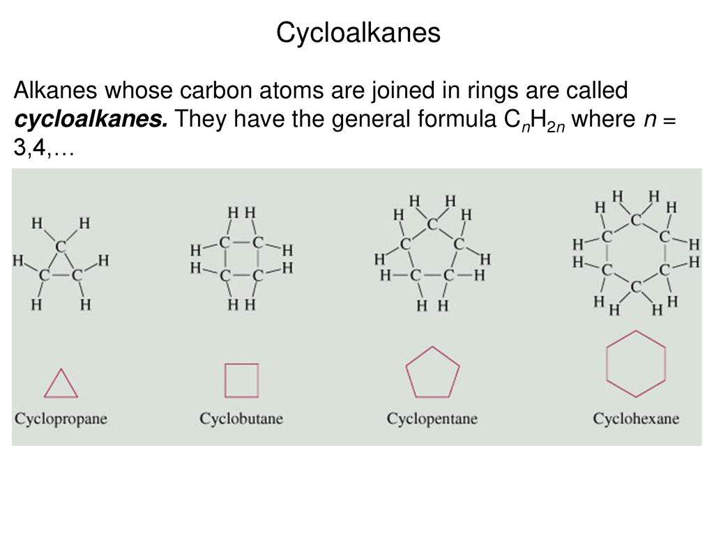 Cycloalkanes Alkanes whose carbon atoms are joined in rings are called cycloalkanes.