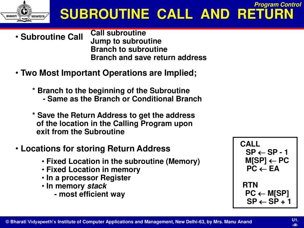 SUBROUTINE CALL AND RETURN