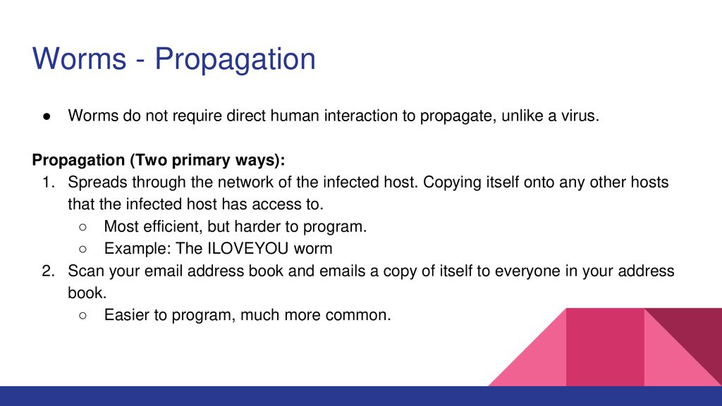 Worms - Propagation Worms do not require direct human interaction to propagate, unlike a virus. Propagation (Two primary ways):