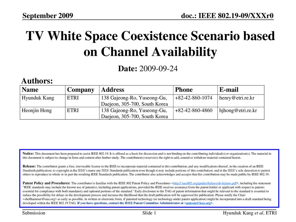 TV White Space Coexistence Scenario based on Channel Availability