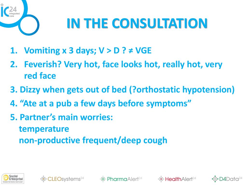 IN THE CONSULTATION Vomiting x 3 days; V > D ≠ VGE