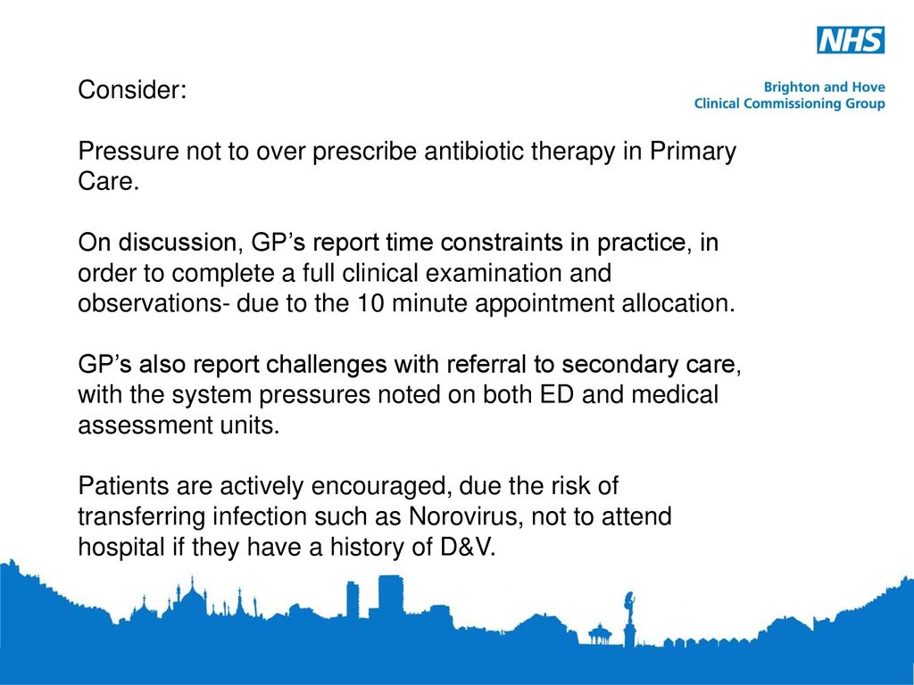 Consider: Pressure not to over prescribe antibiotic therapy in Primary Care.