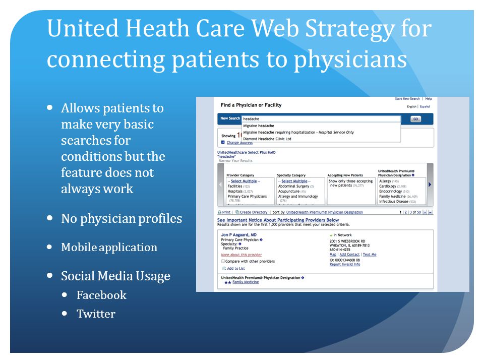 United Heath Care Web Strategy for connecting patients to physicians