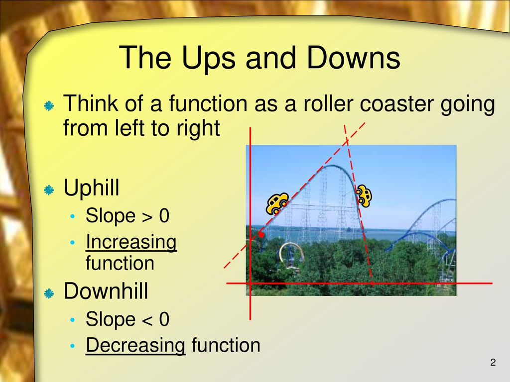 The Ups and Downs Think of a function as a roller coaster going from left to right. Uphill. Slope > 0.