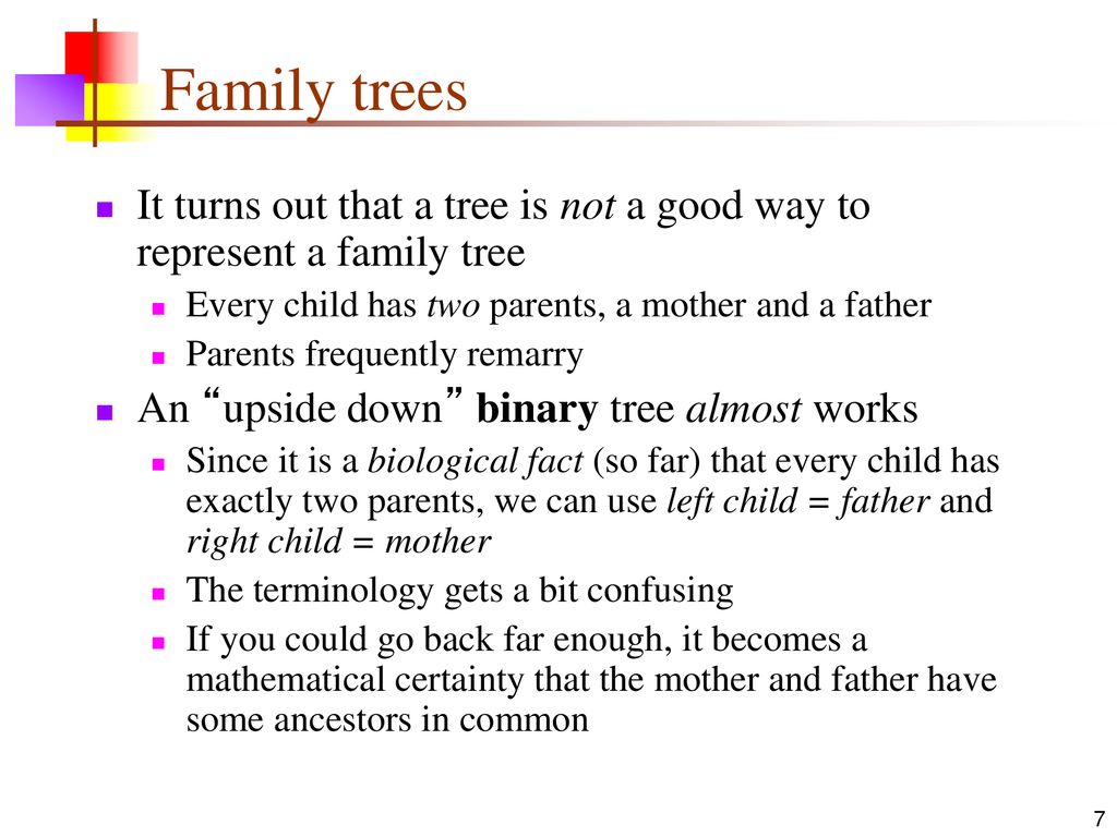 Family trees It turns out that a tree is not a good way to represent a family tree. Every child has two parents, a mother and a father.