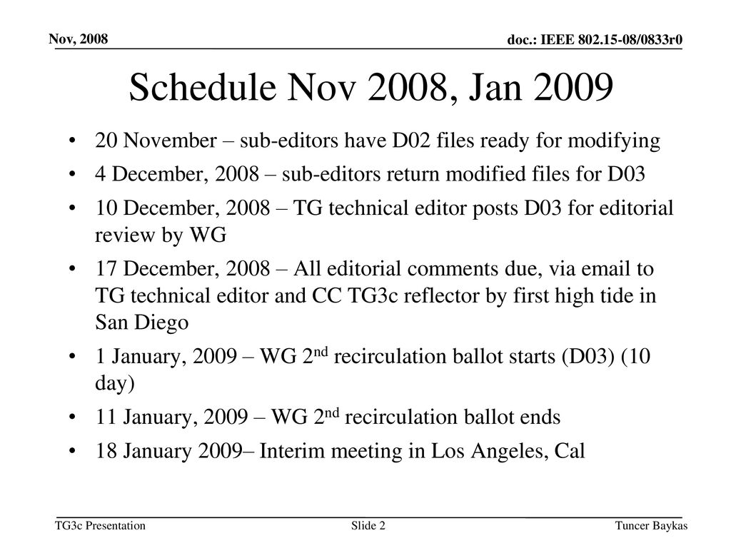 Mar 19, 2008 doc.: IEEE /XXXr0. Nov, Schedule Nov 2008, Jan November – sub-editors have D02 files ready for modifying.