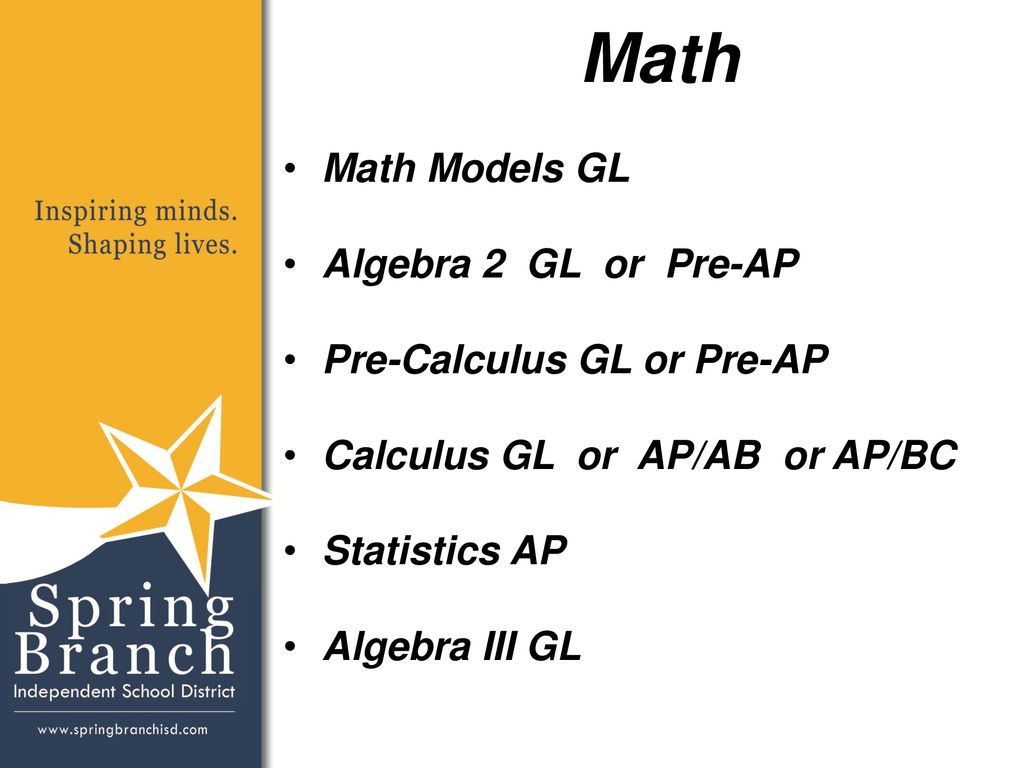 Math Math Models GL Algebra 2 GL or Pre-AP Pre-Calculus GL or Pre-AP