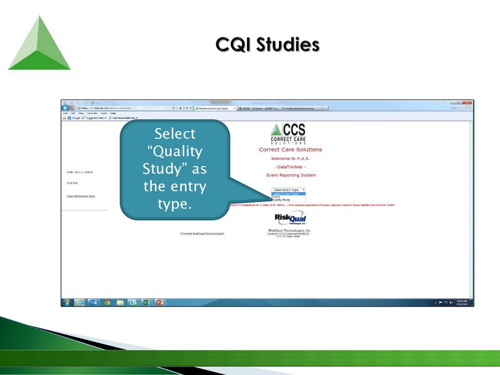 Select Quality Study as the entry type.