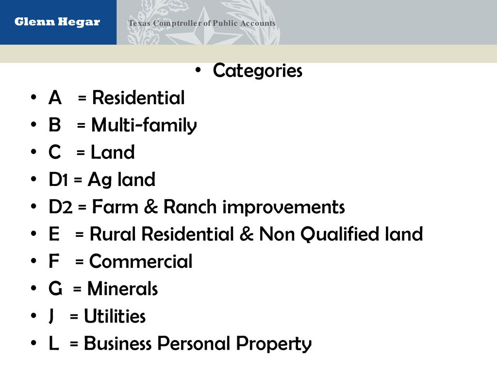Categories A = Residential. B = Multi-family. C = Land. D1 = Ag land. D2 = Farm & Ranch improvements.