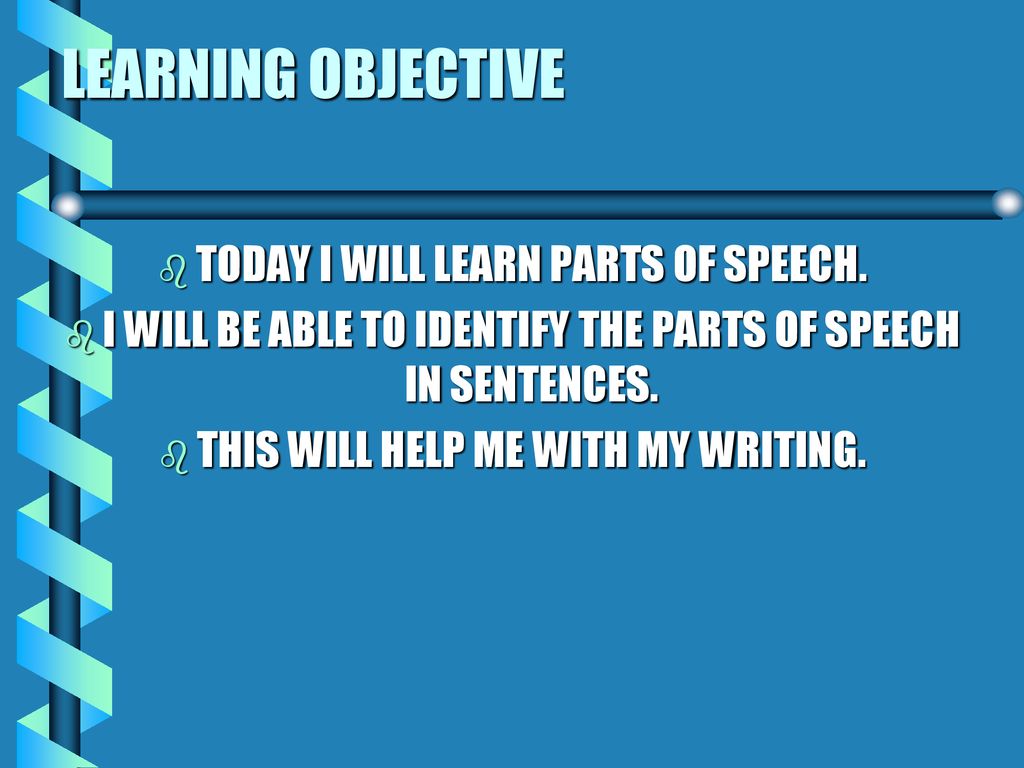LEARNING OBJECTIVE TODAY I WILL LEARN PARTS OF SPEECH.