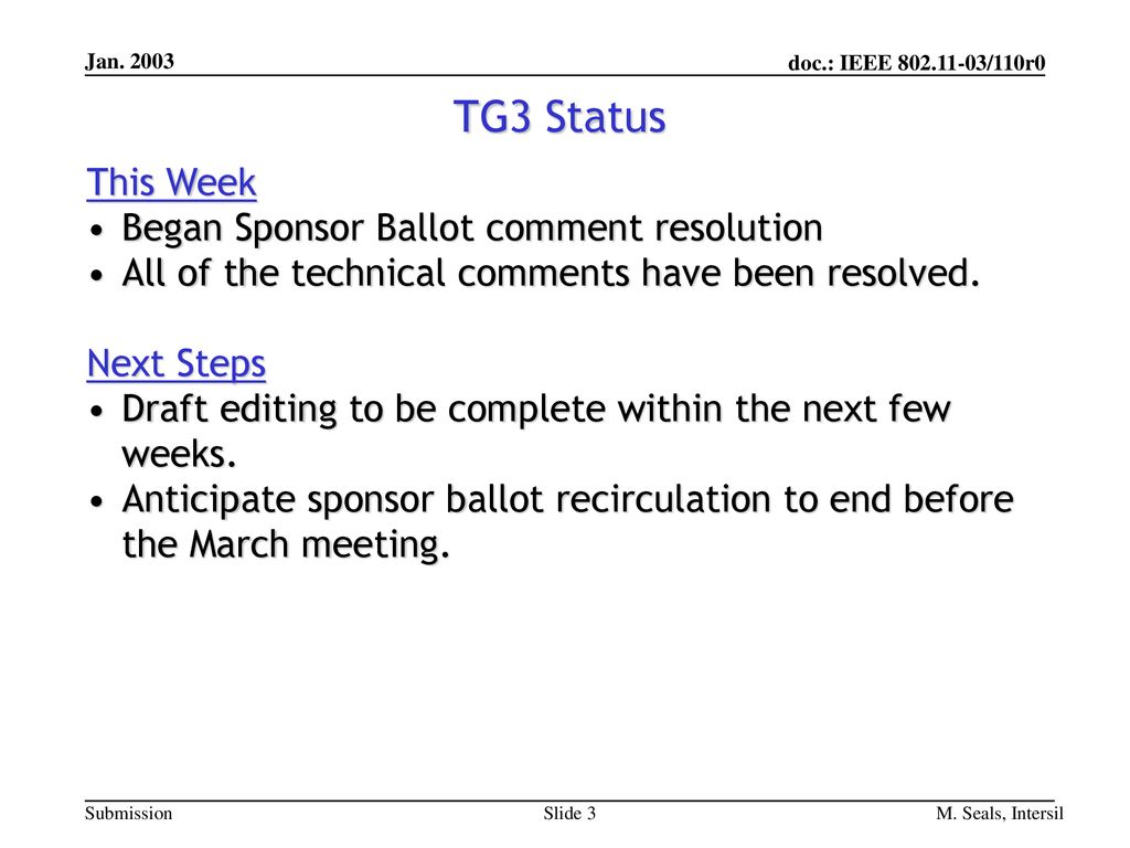 TG3 Status This Week Began Sponsor Ballot comment resolution
