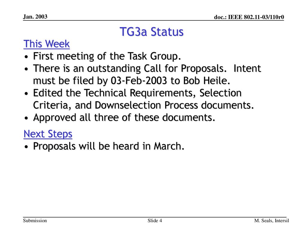TG3a Status This Week First meeting of the Task Group.
