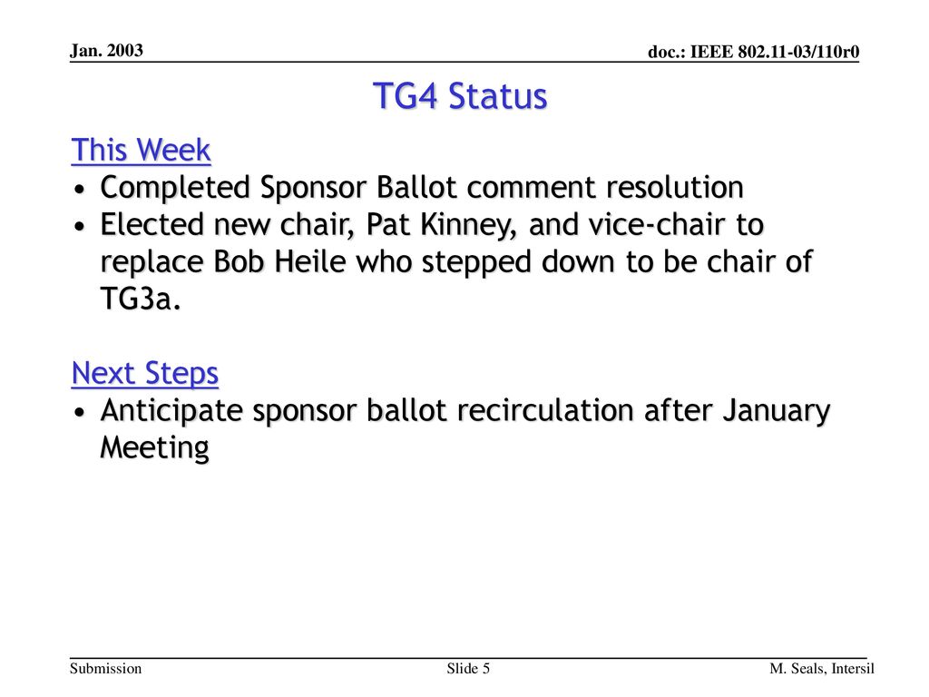 TG4 Status This Week Completed Sponsor Ballot comment resolution