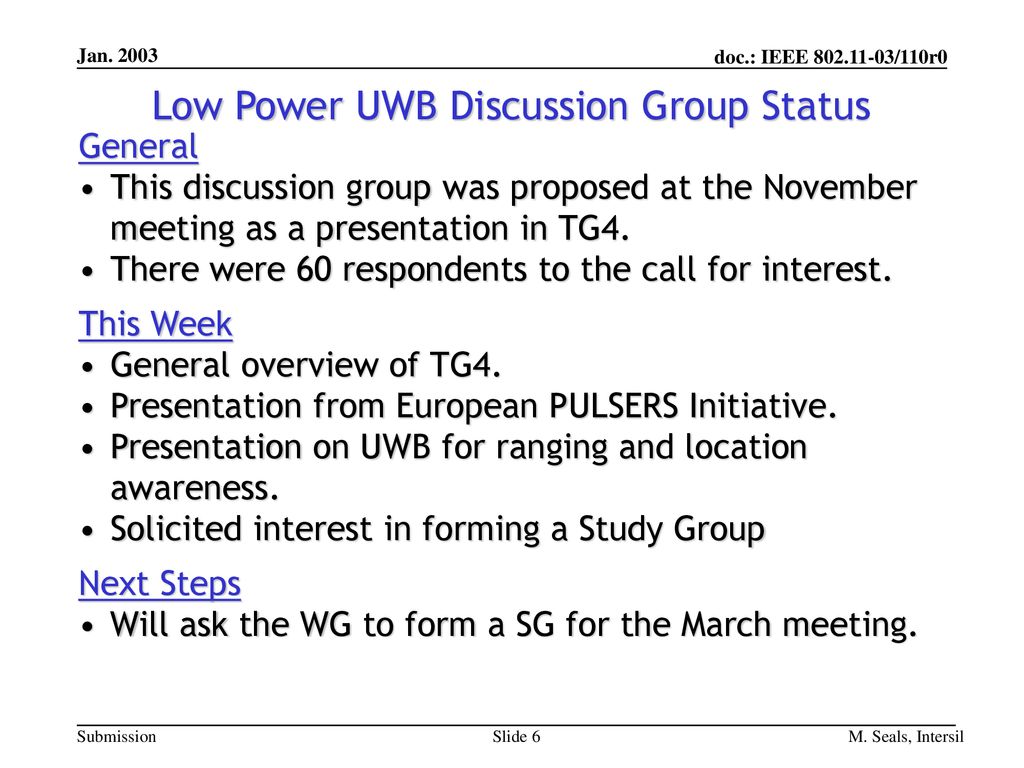 Low Power UWB Discussion Group Status