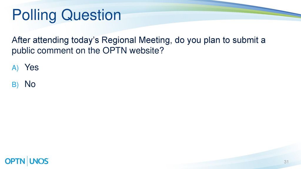 Polling Question After attending today’s Regional Meeting, do you plan to submit a public comment on the OPTN website