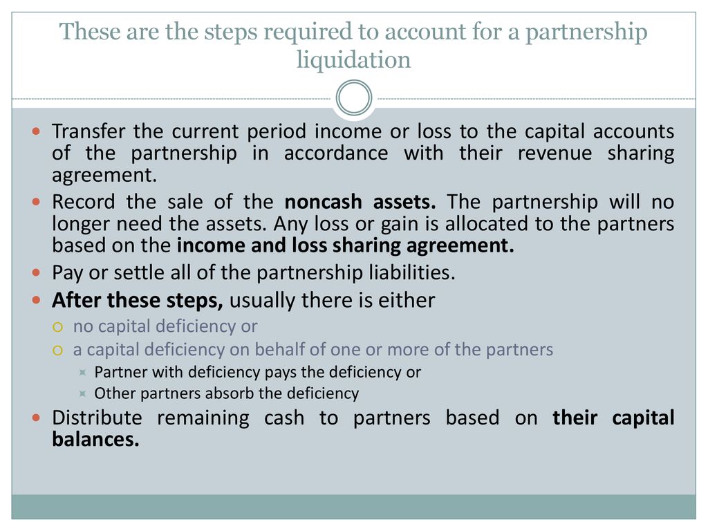 These are the steps required to account for a partnership liquidation