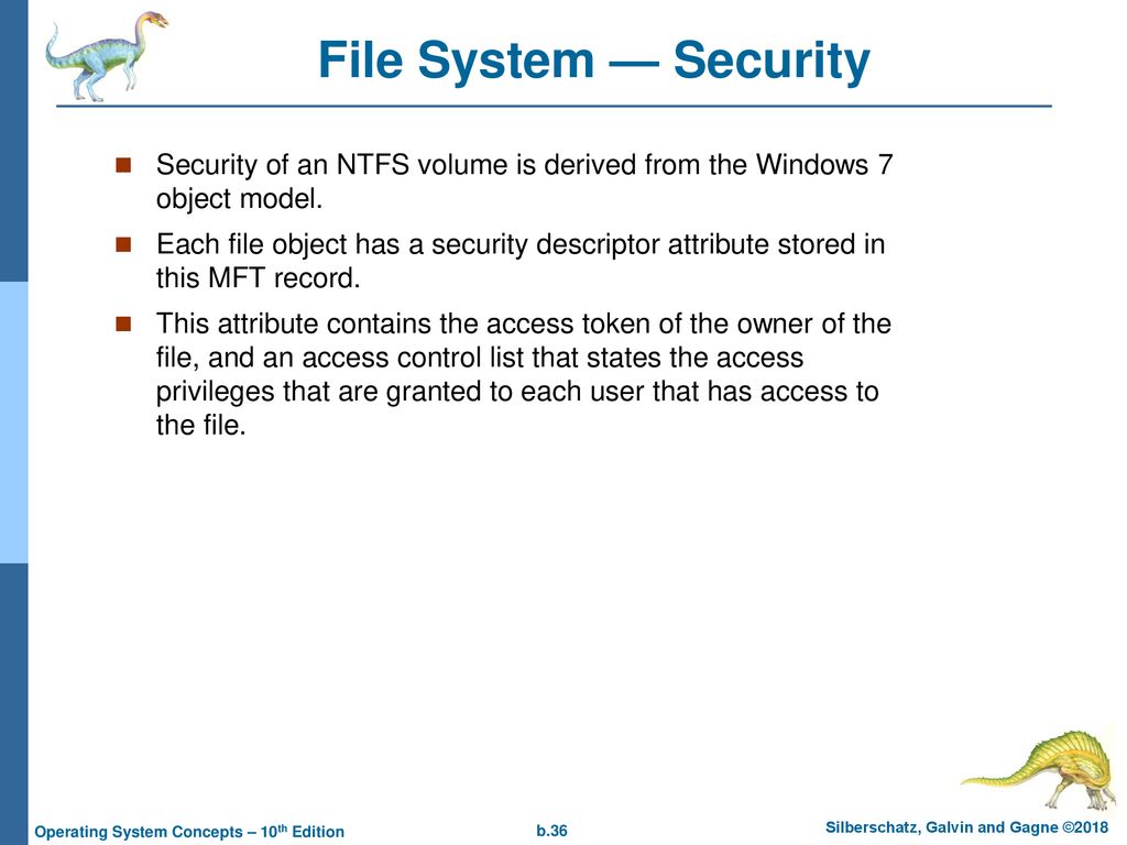 File System — Security Security of an NTFS volume is derived from the Windows 7 object model.
